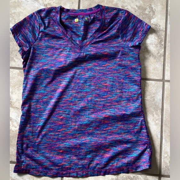 Xersion Heather Purple Blue Pink V Neck Workout Top T-shirt Short Sleeves - Picture 1 of 4